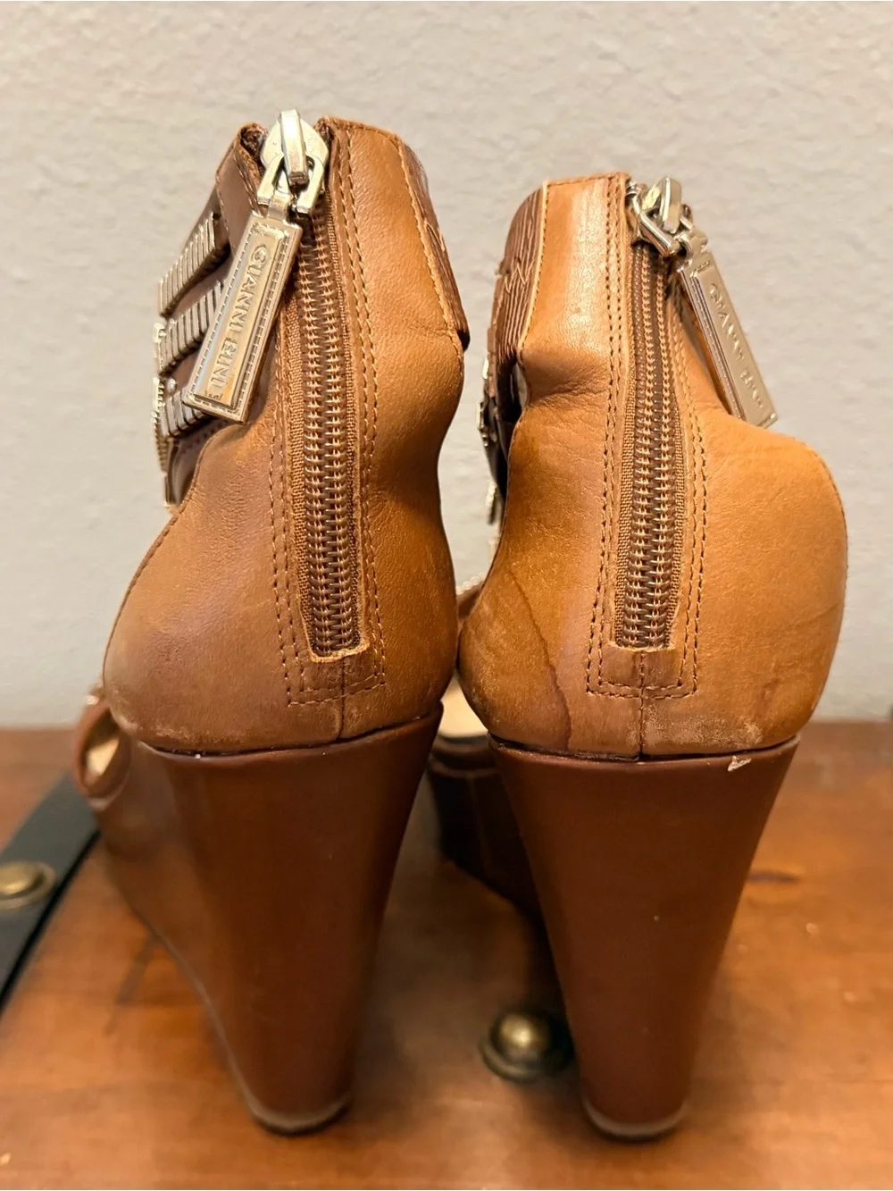 Gianni Bini Brown Wedge Sandals with Metallic Bead Accents